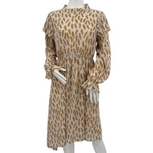 MIKAROSE Beige Leaf Print Long Sleeve‎ High Neck Midi Dress Medium Fall Modest